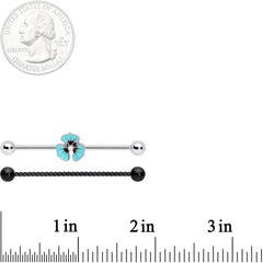 14G Tropic Blue Flower Black Twisted Industrial Barbell Set 38mm