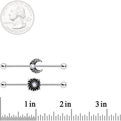 14G White Faux Opal Sun Moon Industrial Barbell Set 38mm