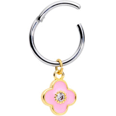 16G 3/8 Clear CZ Pink Flower Dangle Hinged Segment Ring