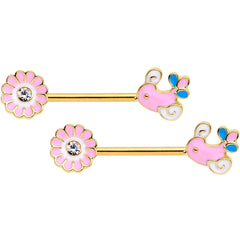 14G 9/16 Gold Tone Pink Bird Flower Barbell Nipple Ring Set