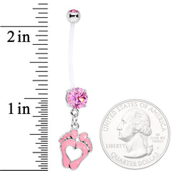 Pink CZ Gem Baby Precious Footprints Dangle Pregnancy Belly Ring