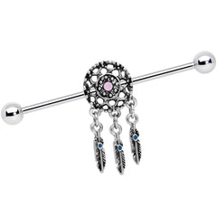 14G Pink Faux Opal Feather Dreamcatcher Dangle Industrial Barbell 38mm