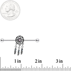 14G Pink Faux Opal Feather Dreamcatcher Dangle Industrial Barbell 38mm