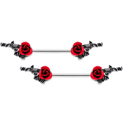 14G 9/16 Red Rose Flower and Gun Barbell Nipple Ring Set