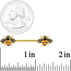 14G 9/16 Black Gem Gold Tone Bumblebees Barbell Nipple Ring Set