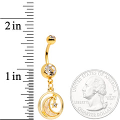 Clear Gem Gold Tone Crescent Moon Hanging Star Dangle Belly Ring