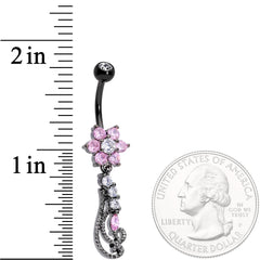 Clear Pink CZ Black Anodized Floral Flourish Dangle Belly Ring