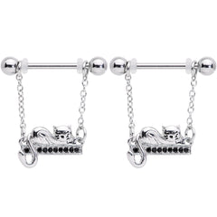 14G 5/8 Black Gem Nap Cat Dangle Nipple Ring Set