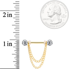 14G Clear Gem End Gold Tone Chain Dangle Nipple Ring Set