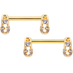 14G 9/16 Clear CZ Gem Gold Tone Safety Pin Nipple Ring Set