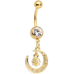 Clear Gem Gold Tone Celestial Star Moon Dangle Belly Ring Set