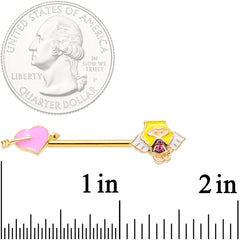 14G 9/16 Pink Gem Heart Cupid Gold Tone Barbell Nipple Ring Set