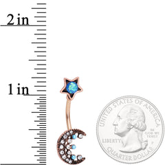 Aqua Faux Opal Rose Gold Tone Orb Crescent Moon Reversible Belly Ring