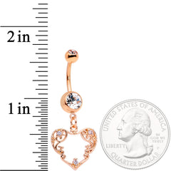 Clear CZ Gem Rose Gold Tone Scrollwork Heart Dangle Belly Ring