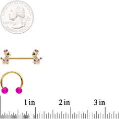 14G Clear Pink Gem Giraffe Gold Tone UV Horseshoe Nipple Ring Set