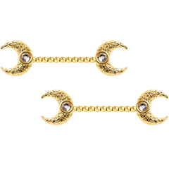 14G Clear Gem Gold Tone Witch Moon Barbell Nipple Ring Set