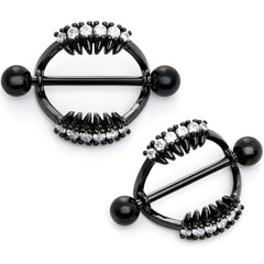 14G 9/16 Clear CZ Gem Black Scary Fang Halloween Nipple Shield Set