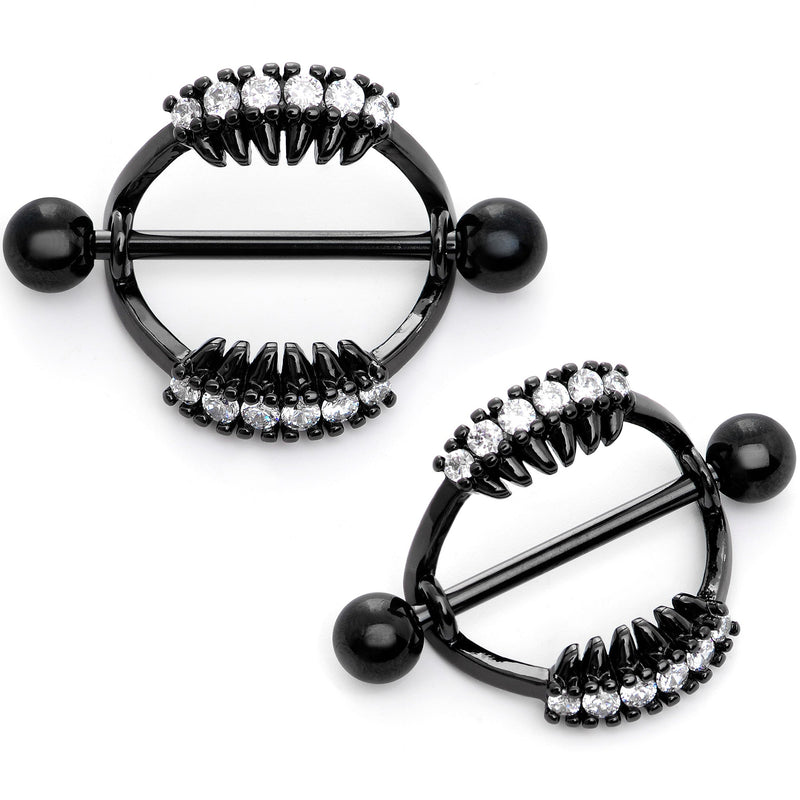 14G 9/16 Clear CZ Gem Black Scary Fang Halloween Nipple Shield Set