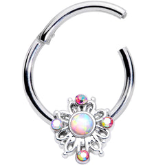 16G 3/8 White Synthetic Opal Aurora Gem Crest Hinged Segment Ring