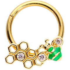 16G 3/8 Clear Gem Gold Tone Green Bee Hinged Segment Ring