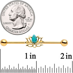 14G Faux Turquoise Gold Tone Lotus Flower Industrial Barbell 38mm