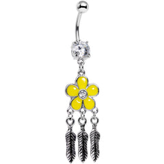 Clear Gem Yellow Flower Feathers Dreamcatcher Dangle Belly Ring