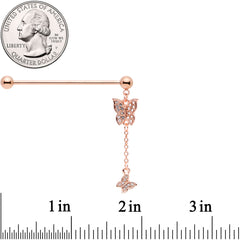 14G Clear Gem Rose Gold Tone Butterfly Dangle Industrial Barbell