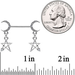 14G 9/16 Clear Gem Moon Star Dangle Barbell Nipple Ring Set