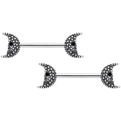 14G 9/16 Black Gem Skull Crescent Moon Barbell Nipple Ring Set