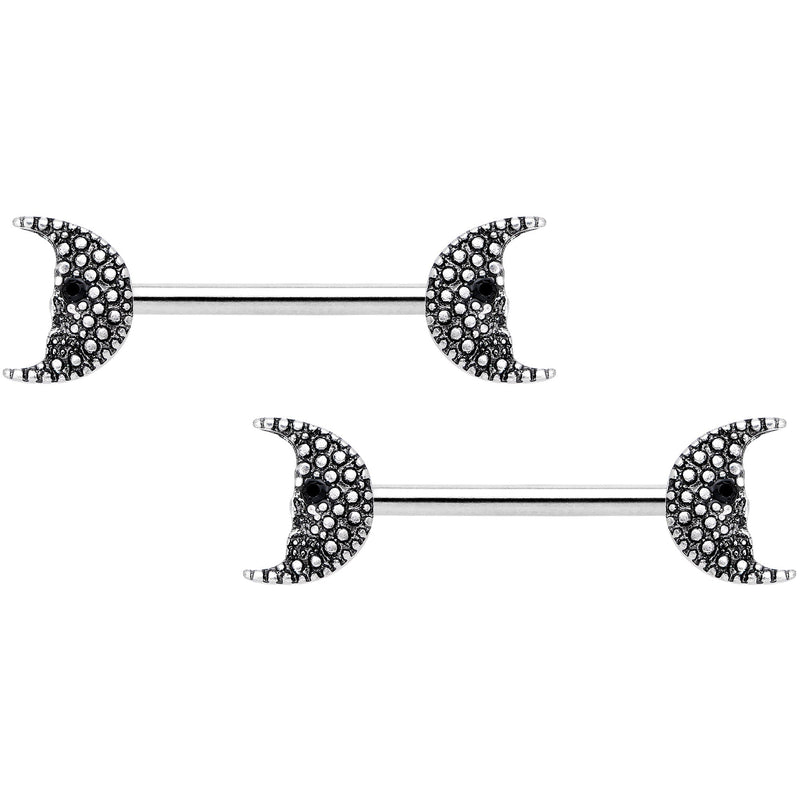 14G 9/16 Black Gem Skull Crescent Moon Barbell Nipple Ring Set