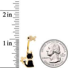 Clear Gem Gold Tone Cat Fishing Black Cat Double Mount Belly Ring