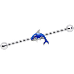 14G Clear Gem Sea Bling Blue Orca Whale Industrial Barbell 38mm