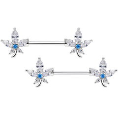 14G 9/16 Clear Blue CZ Gem Marijuana Leaf Barbell Nipple Ring Set