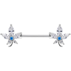 14G 9/16 Clear Blue CZ Gem Marijuana Leaf Barbell Nipple Ring Set