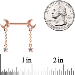 14G 9/16 Clear Gem Rose Gold Tone Moon Barbell Nipple Ring Set