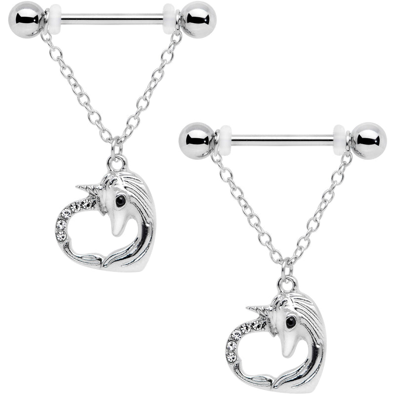 14G 5/8 Clear Gem Unicorn Heart Dangle Barbell Nipple Ring Set