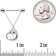 14G 5/8 Clear Gem Unicorn Heart Dangle Barbell Nipple Ring Set