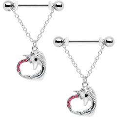 14G 5/8 Pink Gem Unicorn Heart Dangle Barbell Nipple Ring Set