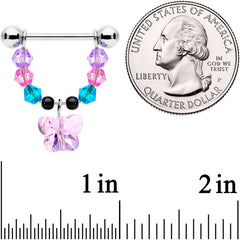 14G 5/8 Pink Blue Purple Gem Butterfly Dangle Barbell Nipple Ring Set