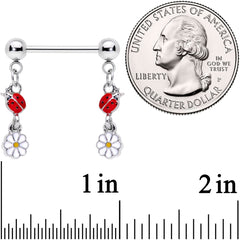 14G 5/8 Red White Ladybug Flower Dangle Barbell Nipple Ring Set