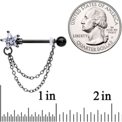 14G 5/8 Clear CZ Star Gem Black Chain Dangle Nipple Ring Set