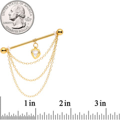 14G Clear CZ Gem Gold Tone Heart Dangle Industrial Barbell 38mm