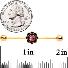14G Pink Gem Gold Tone Flower Industrial Barbell 38mm