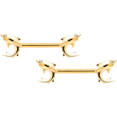 14G 9/16 Clear Gem Gold Tone Toothy Shark Barbell Nipple Ring Set
