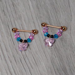 14G Pink Gem Rose Gold Tone Butterfly Dangle Nipple Ring Set