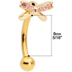 16G 5/16 Pink Gem Gold Tone Ribbon Bow Curved Eyebrow Ring