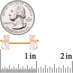 14G 9/16 White Faux Opal Gold Tone Cat Barbell Nipple Ring Set