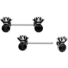 14G 9/16 Black CZ Gem Lotus Flower Crown Barbell Nipple Ring Set