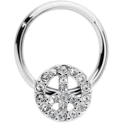 16G 3/8 Clear Gem Retro Peace Sign Hinged Segment Ring