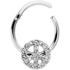 16G 3/8 Clear Gem Retro Peace Sign Hinged Segment Ring